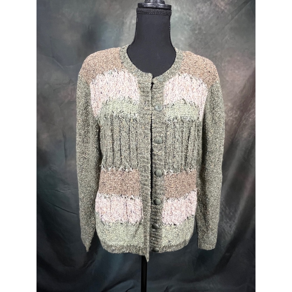 Dressbarn PXL Green Tan Textured Knit Button Up Cardigan Sweater Wool Blend